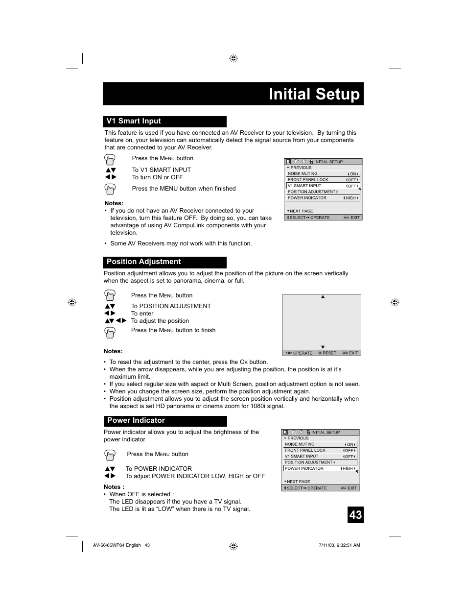 Initial setup | JVC AV 56WP84 User Manual | Page 43 / 72