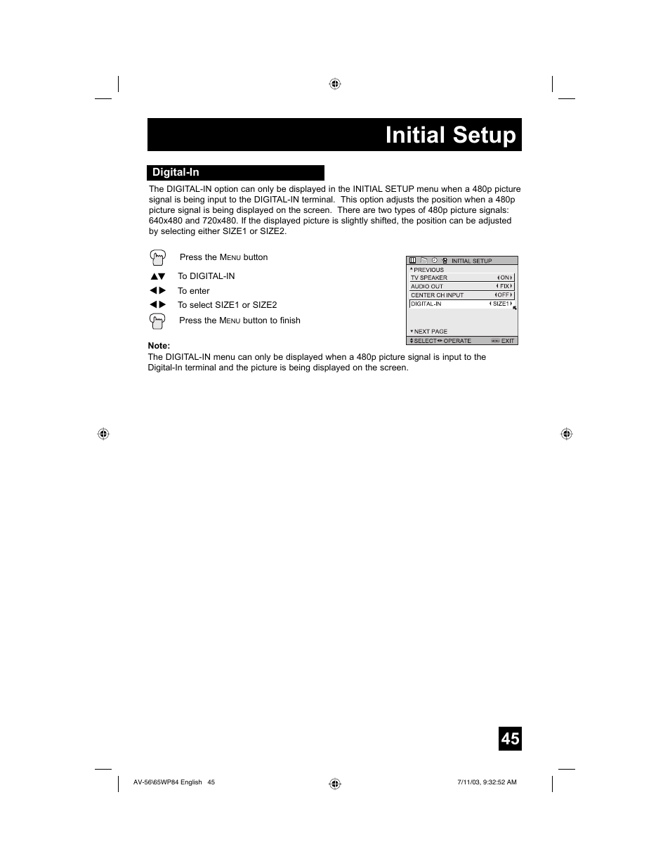 Initial setup | JVC AV 56WP84 User Manual | Page 45 / 72