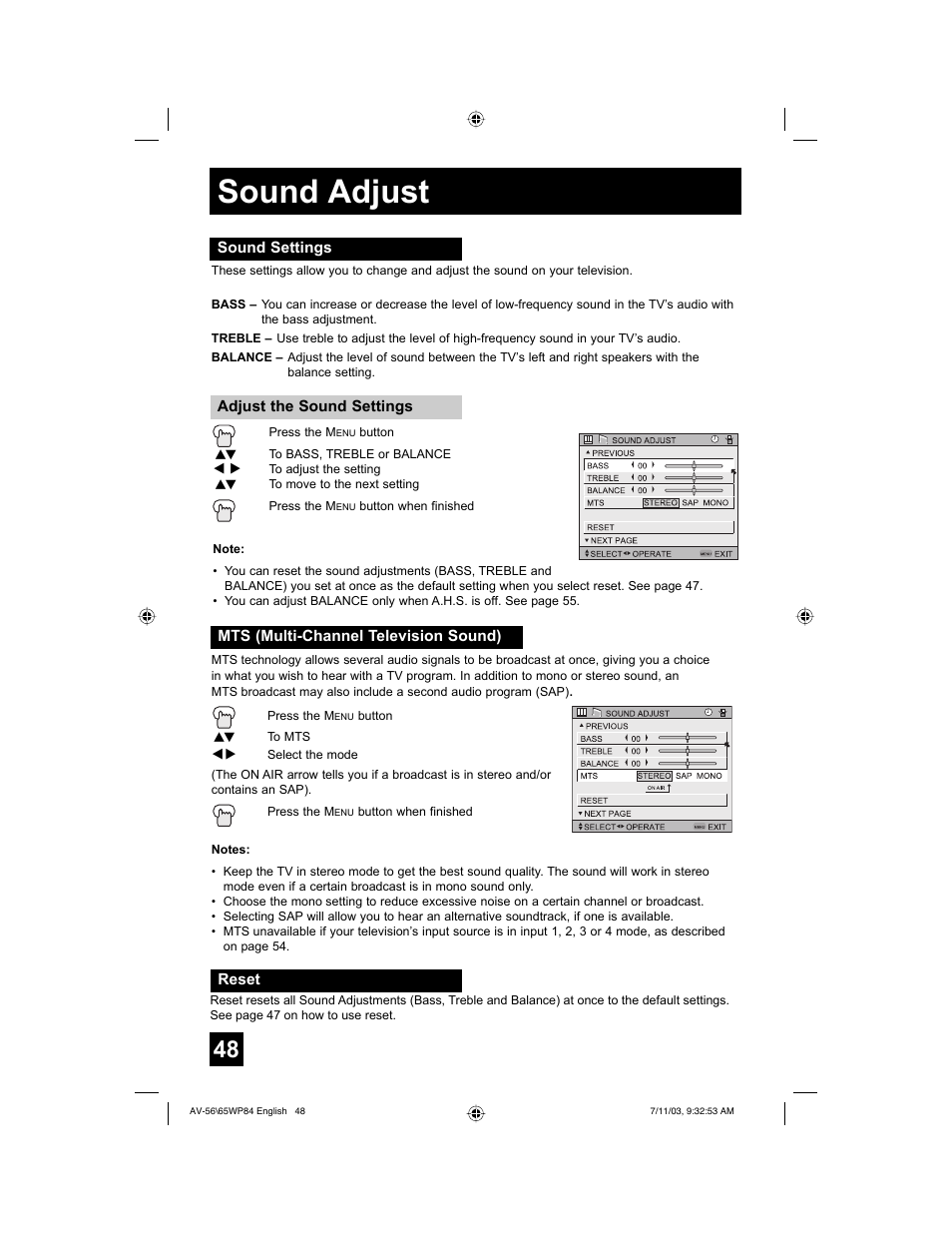 Sound adjust | JVC AV 56WP84 User Manual | Page 48 / 72