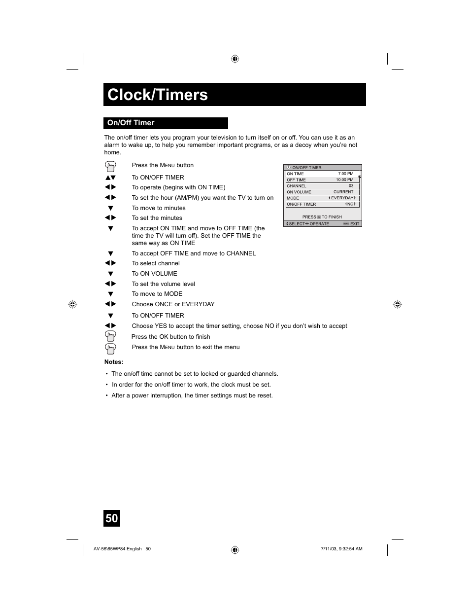 Clock/timers | JVC AV 56WP84 User Manual | Page 50 / 72