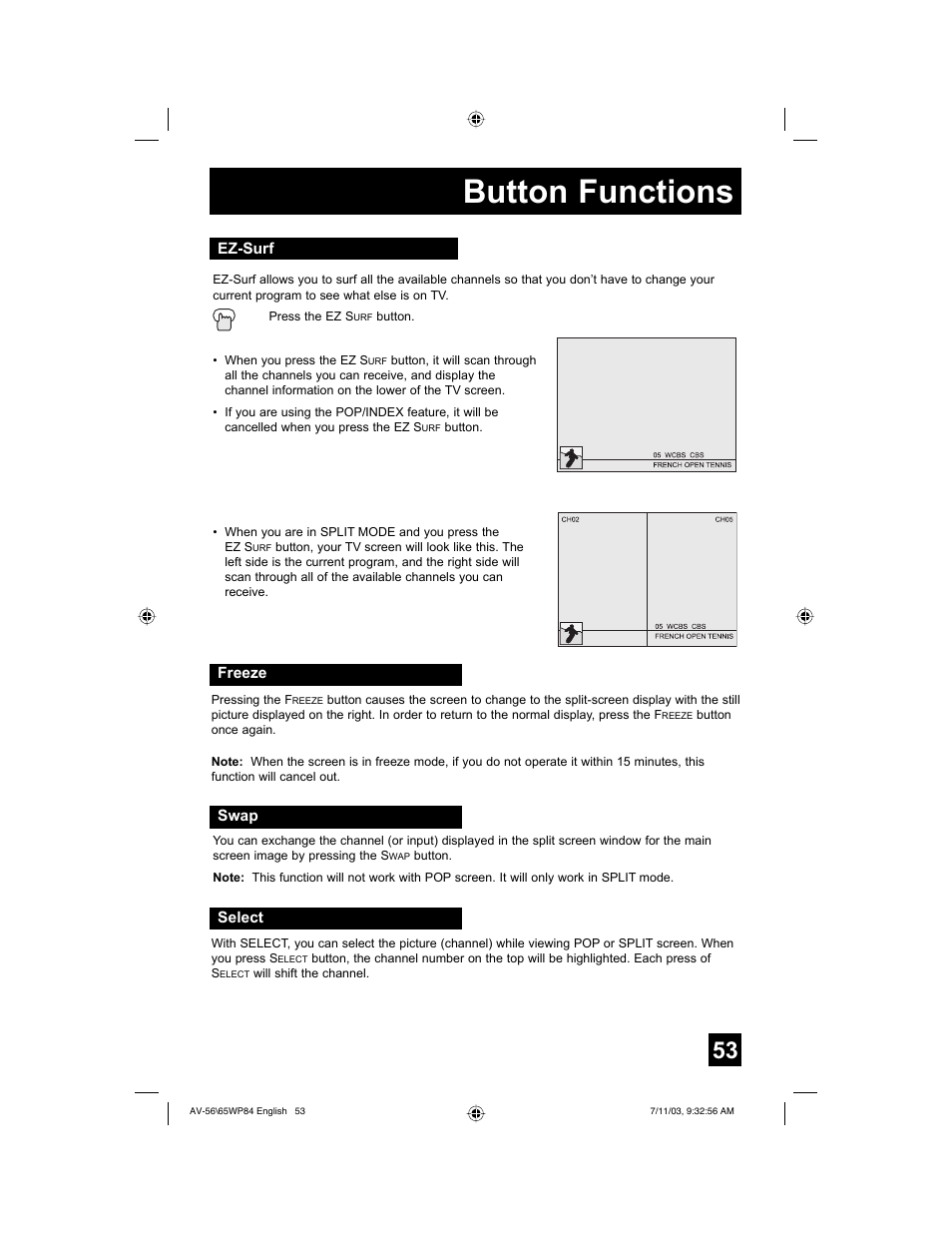 Button functions | JVC AV 56WP84 User Manual | Page 53 / 72