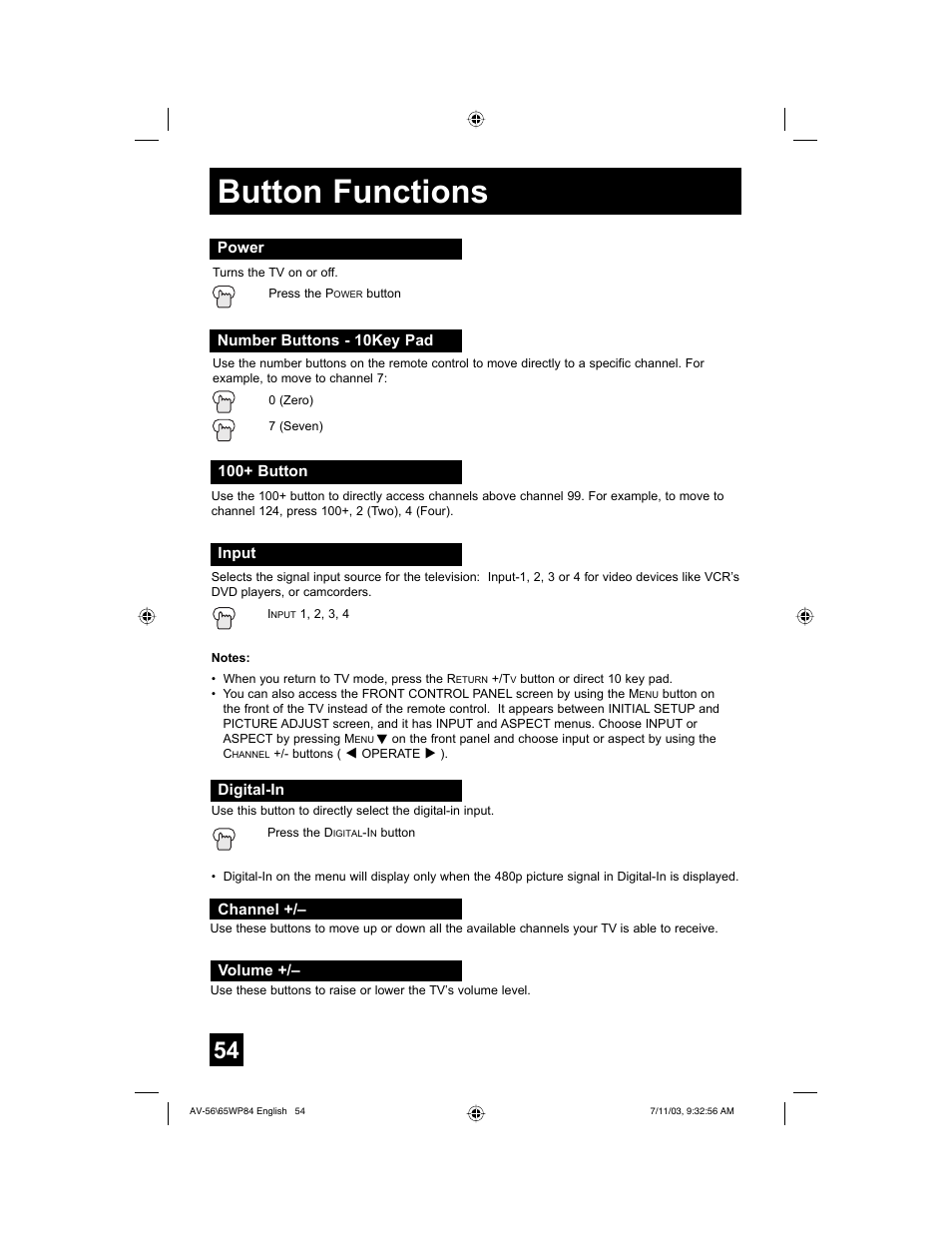 Button functions | JVC AV 56WP84 User Manual | Page 54 / 72