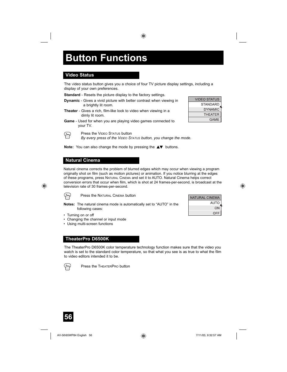 Button functions | JVC AV 56WP84 User Manual | Page 56 / 72