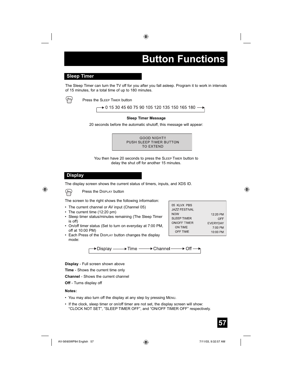 Button functions | JVC AV 56WP84 User Manual | Page 57 / 72