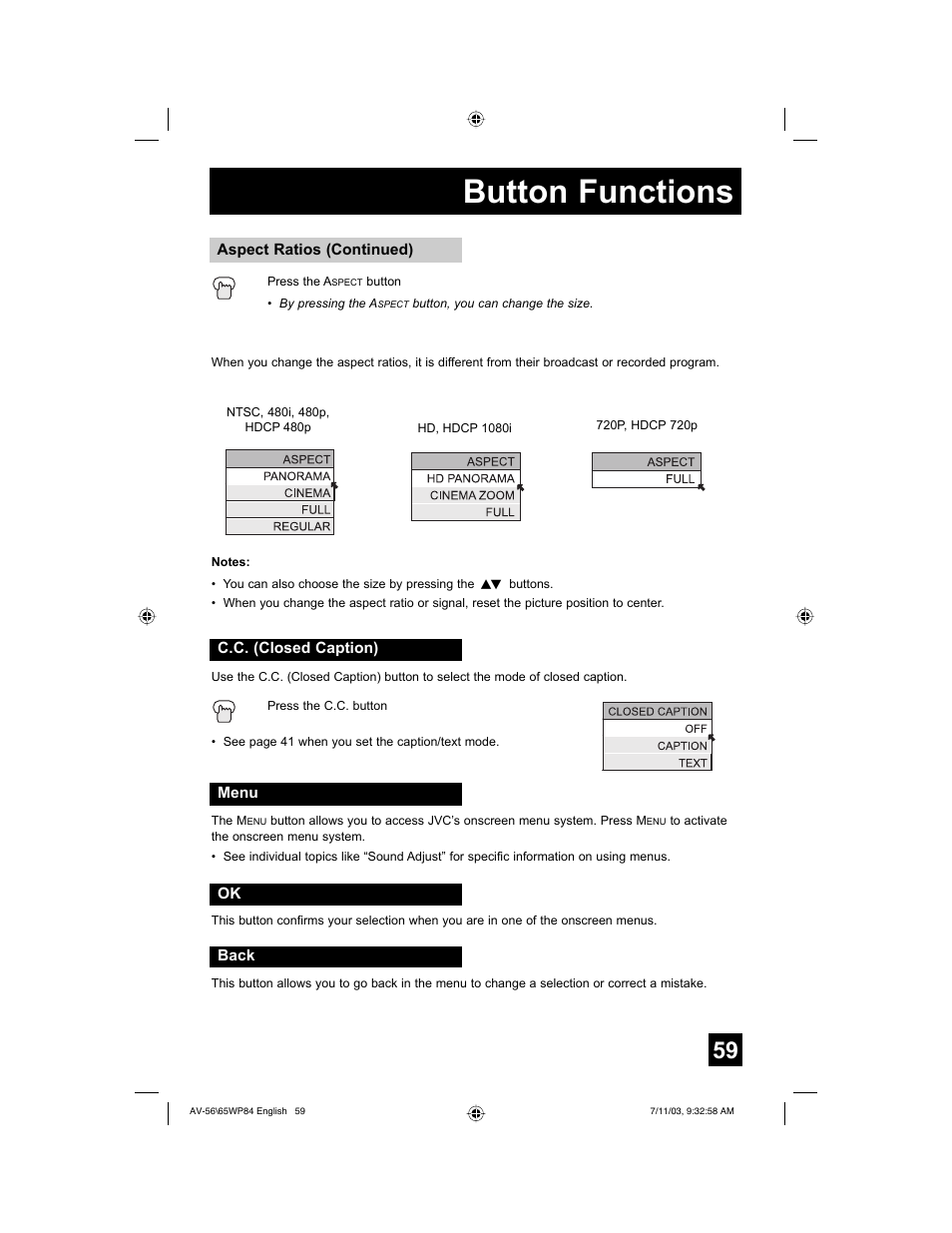 Button functions | JVC AV 56WP84 User Manual | Page 59 / 72