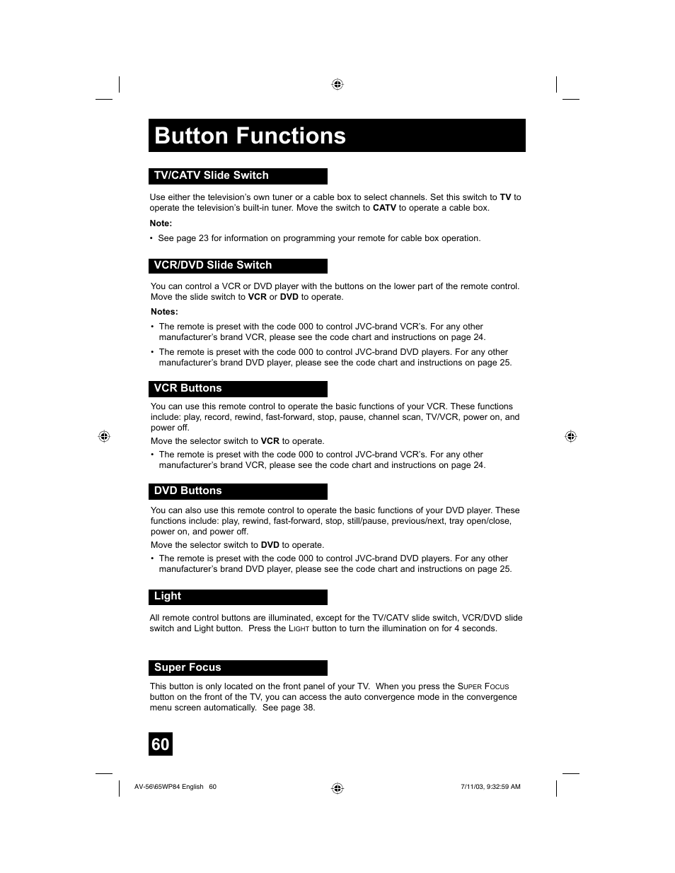 Button functions | JVC AV 56WP84 User Manual | Page 60 / 72