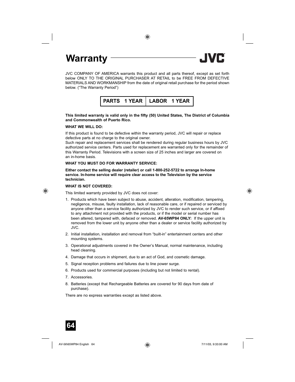 Warranty | JVC AV 56WP84 User Manual | Page 64 / 72