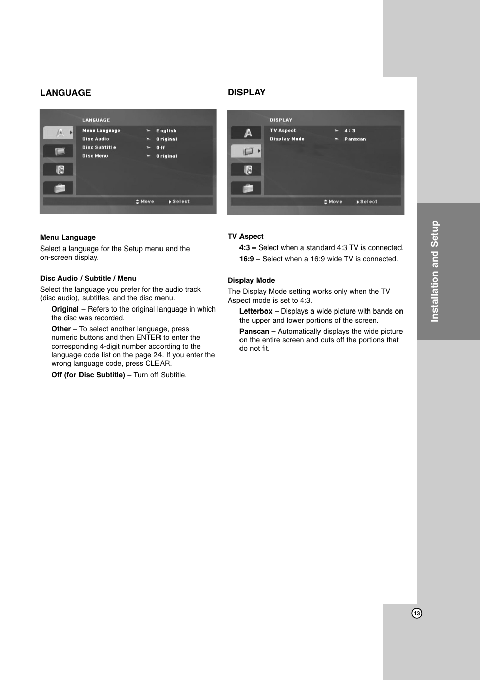 Language, Display, Operation reference introduction | Installation and setup | JVC LVT2008-029A User Manual | Page 13 / 28