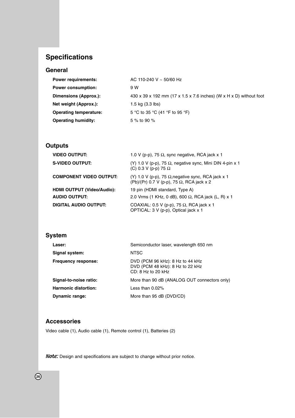 Specifications, General, Outputs | System, Accessories | JVC LVT2008-029A User Manual | Page 26 / 28