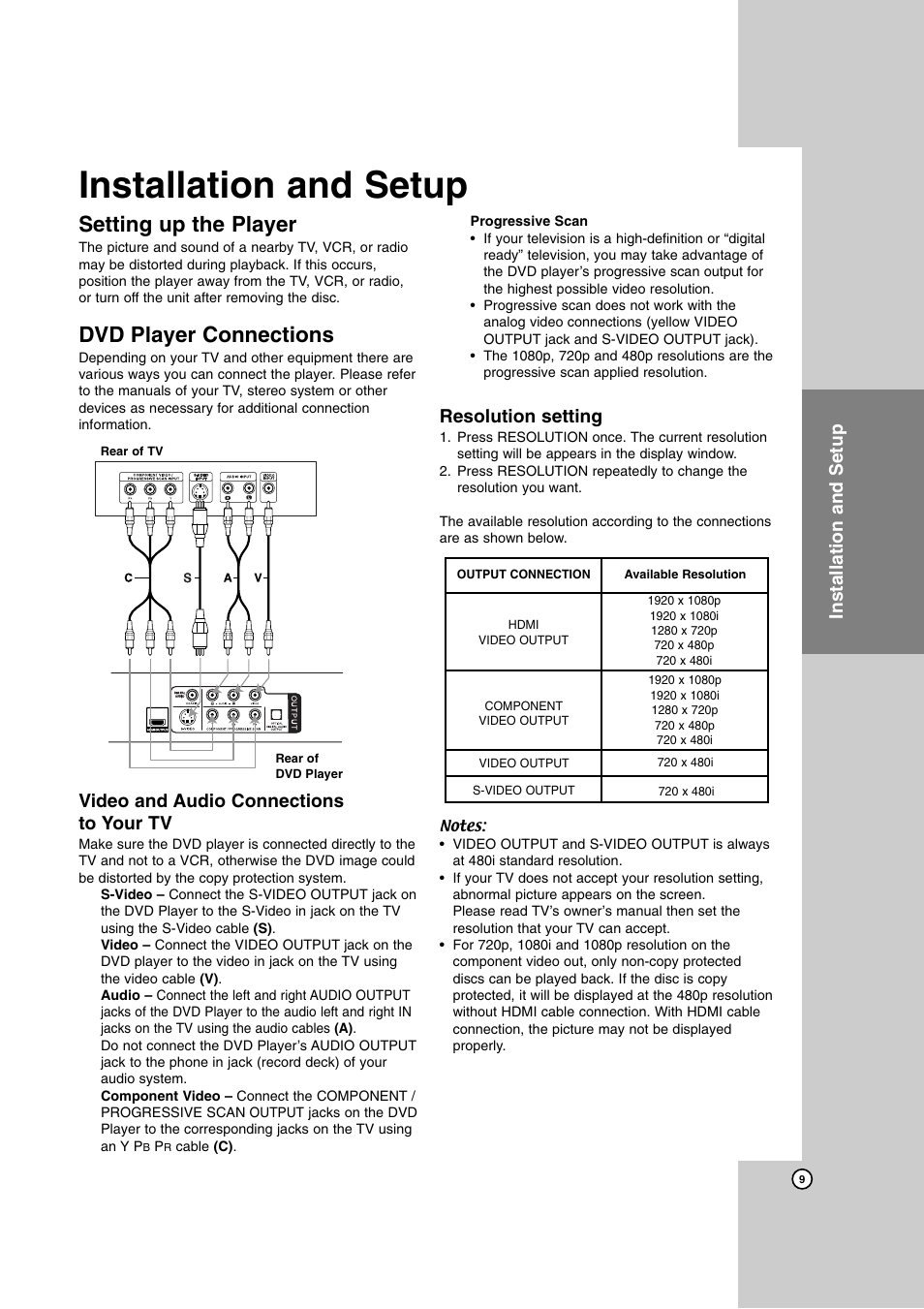 Installation and setup, Setting up the player, Dvd player connections | Video and audio connections to your tv, Resolution setting | JVC LVT2008-029A User Manual | Page 9 / 28