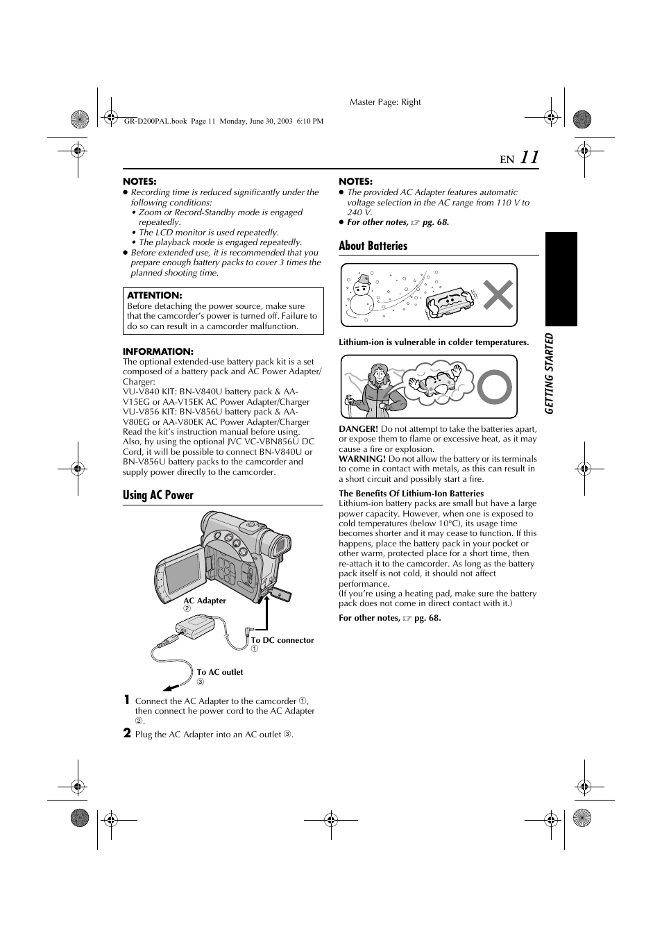 Using ac power 1, About batteries | JVC GR-D201 User Manual | Page 11 / 88