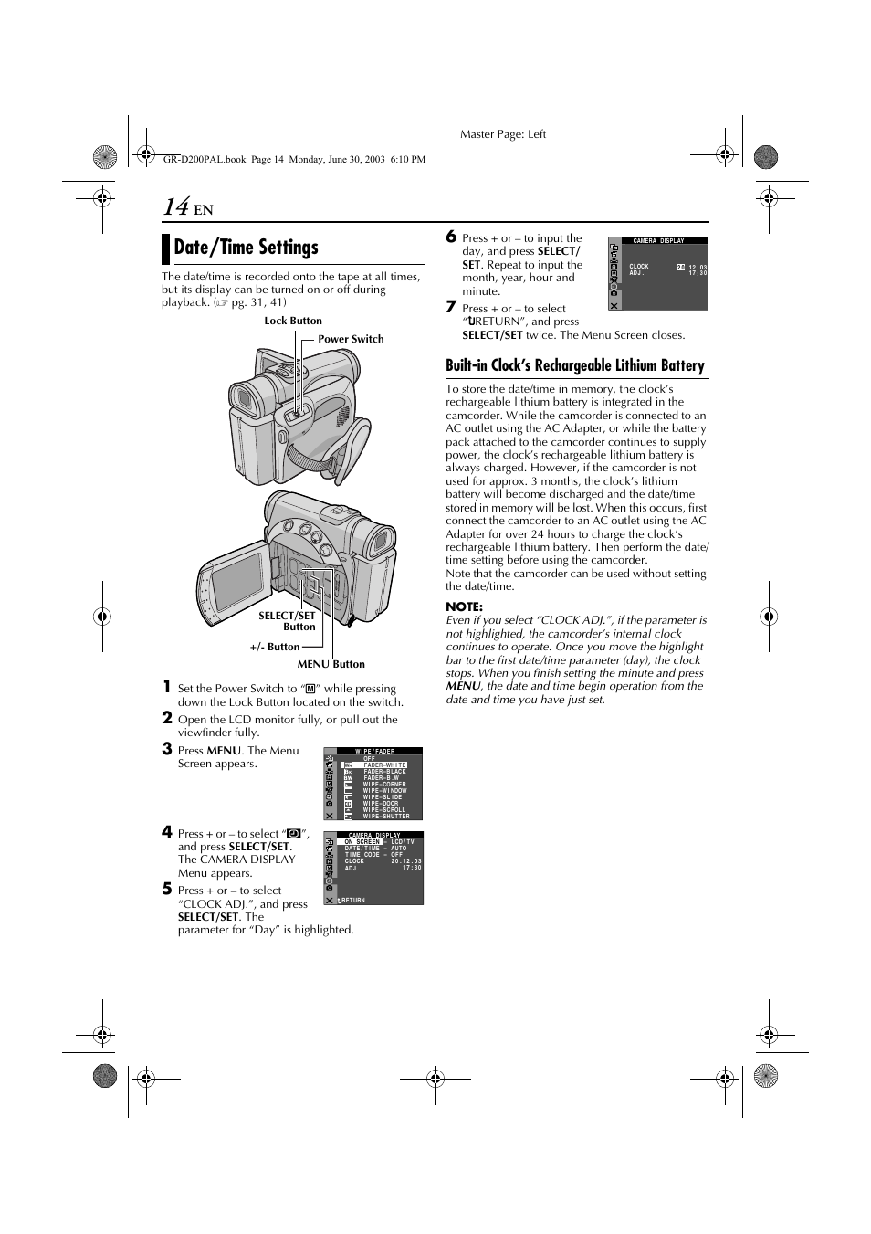 Date/time settings, Built-in clock’s rechargeable lithium battery, Press menu . the menu screen appears | JVC GR-D201 User Manual | Page 14 / 88