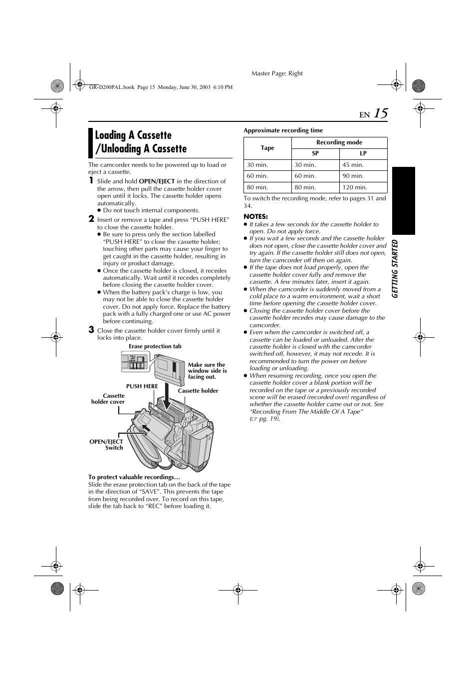 Loading a cassette /unloading a cassette | JVC GR-D201 User Manual | Page 15 / 88