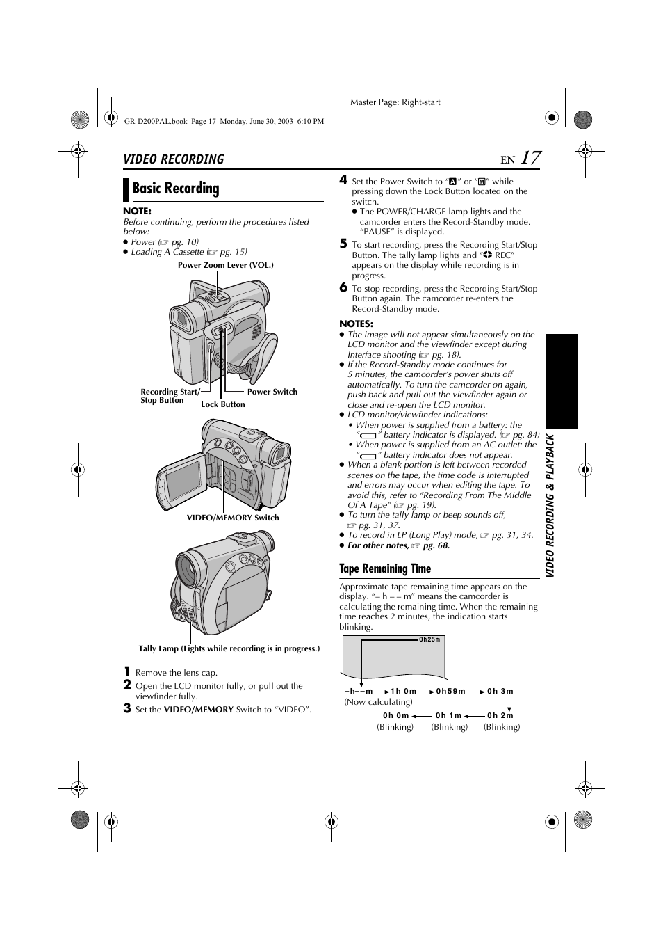 Basic recording, Video recording, Tape remaining time | JVC GR-D201 User Manual | Page 17 / 88