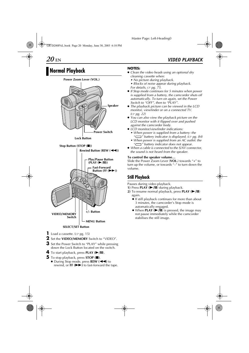 Normal playback, Video playback, Still playback | JVC GR-D201 User Manual | Page 20 / 88