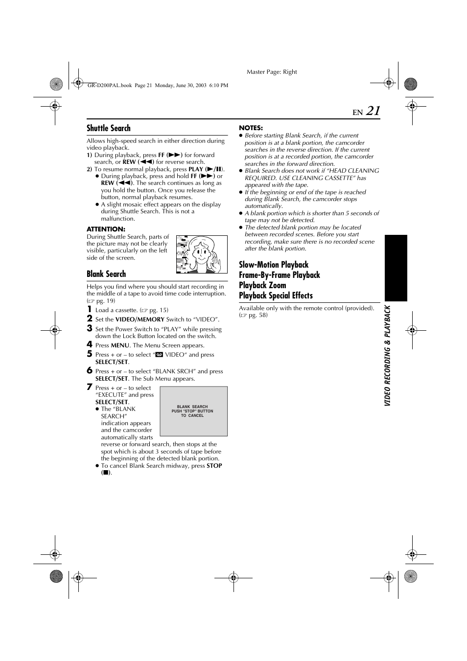 Shuttle search, Blank search | JVC GR-D201 User Manual | Page 21 / 88