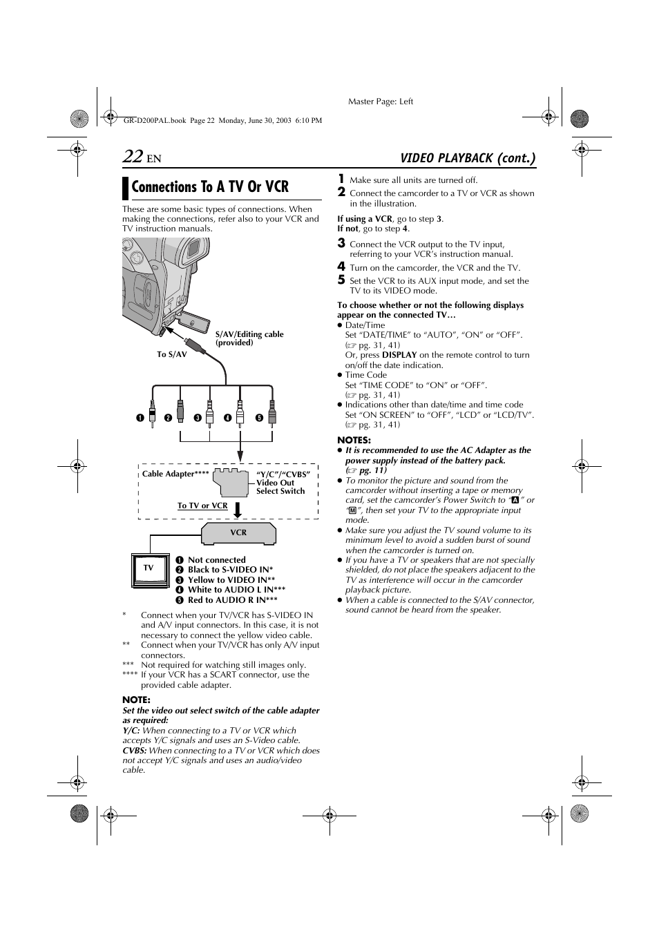 Connections to a tv or vcr, Video playback (cont.) | JVC GR-D201 User Manual | Page 22 / 88