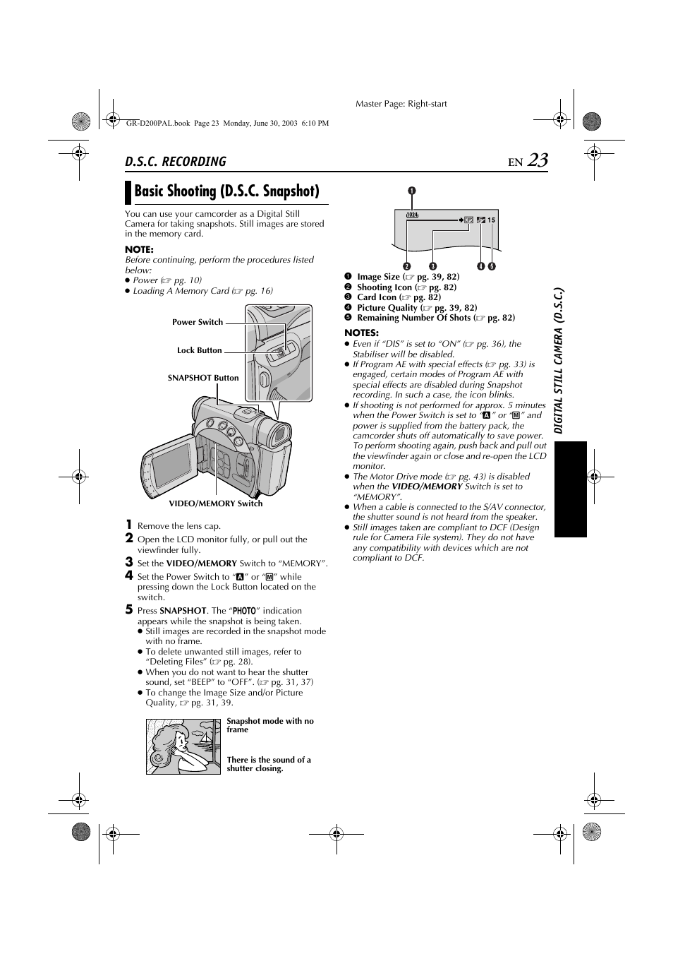 Basic shooting (d.s.c. snapshot), D.s.c. recording | JVC GR-D201 User Manual | Page 23 / 88