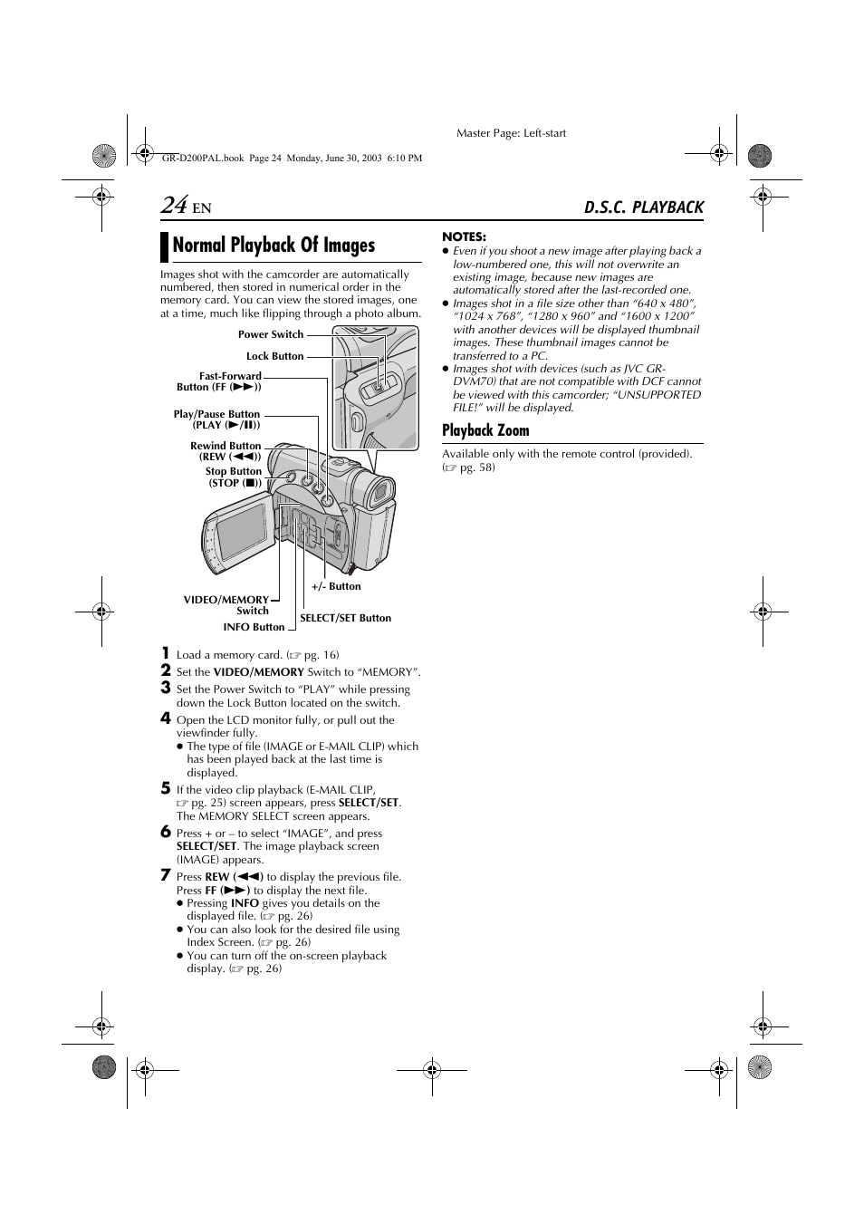 Normal playback of images, D.s.c. playback, Playback zoom | JVC GR-D201 User Manual | Page 24 / 88