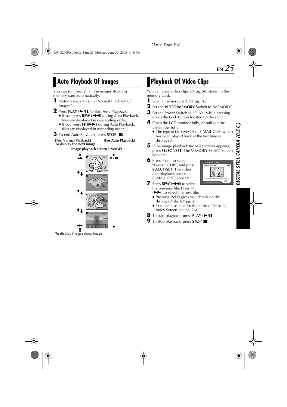 Auto playback of images, Playback of video clips | JVC GR-D201 User Manual | Page 25 / 88