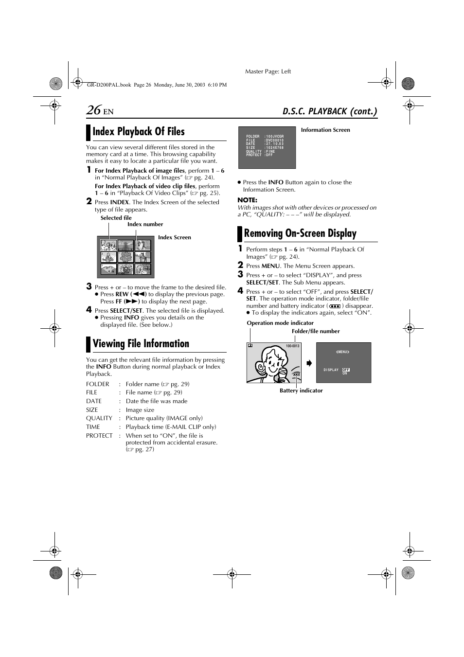 Index playback of files viewing file information, Removing on-screen display, D.s.c. playback (cont.) | JVC GR-D201 User Manual | Page 26 / 88