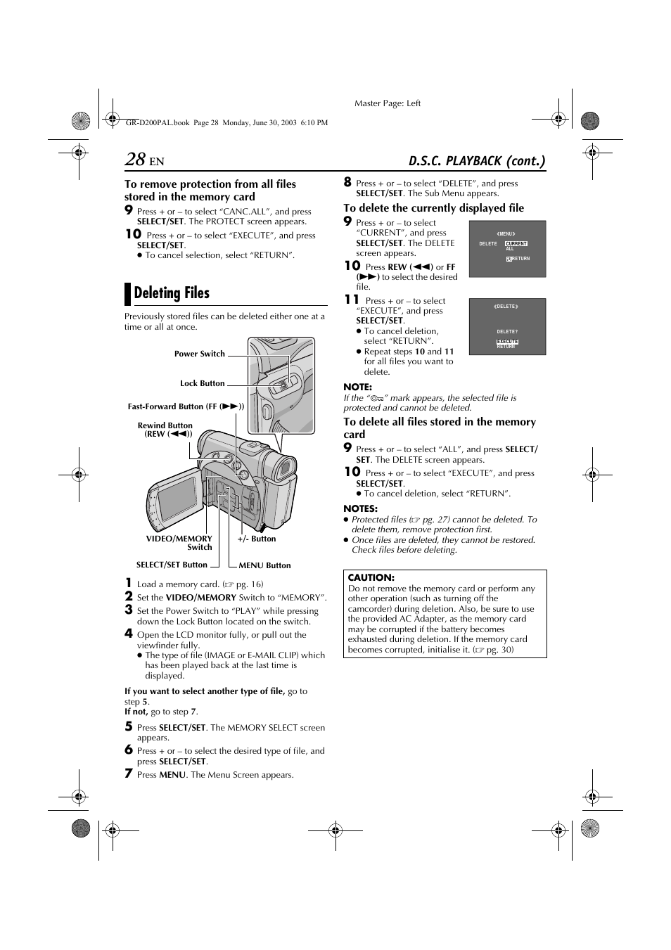 Deleting files, D.s.c. playback (cont.) | JVC GR-D201 User Manual | Page 28 / 88