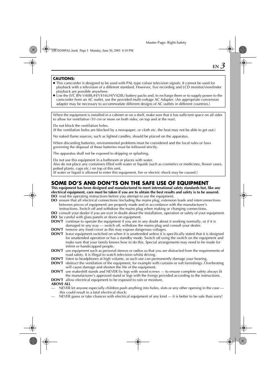 Some do’s and don’ts on the safe use of equipment | JVC GR-D201 User Manual | Page 3 / 88