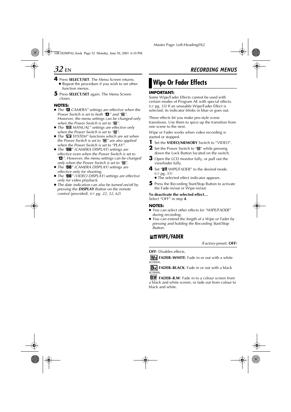 Wipe or fader effects, Recording menus, Wipe/fader | JVC GR-D201 User Manual | Page 32 / 88