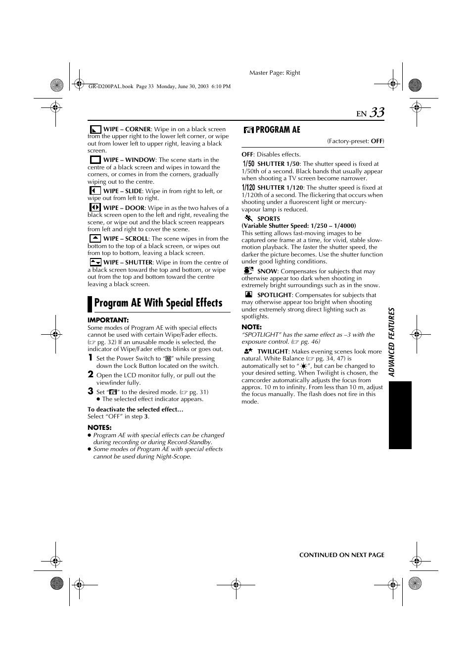 Program ae with special effects, Program ae | JVC GR-D201 User Manual | Page 33 / 88