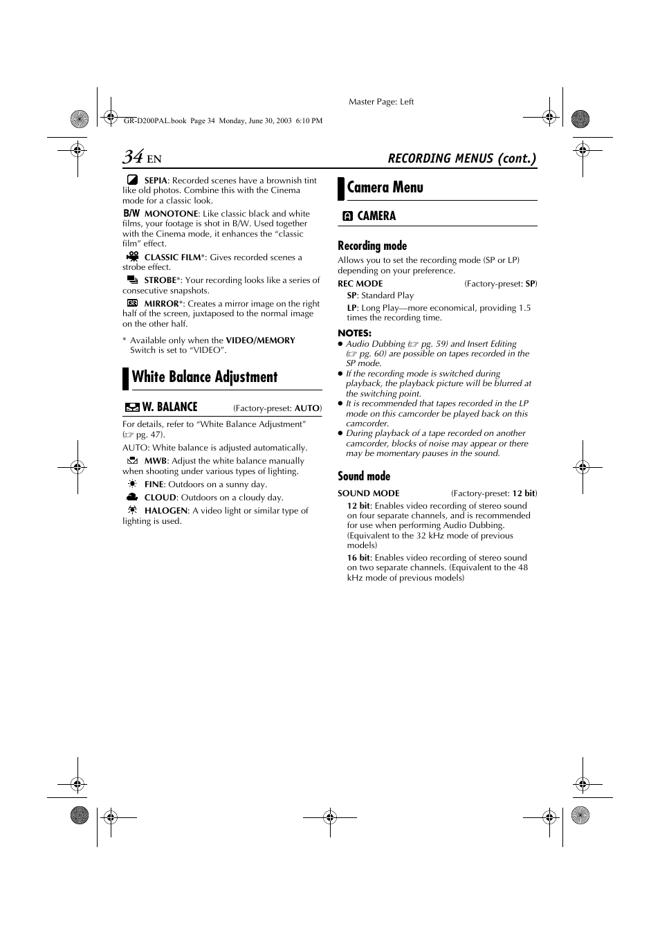 White balance adjustment camera menu, Recording menus (cont.), W. balance | Camera recording mode, Sound mode | JVC GR-D201 User Manual | Page 34 / 88