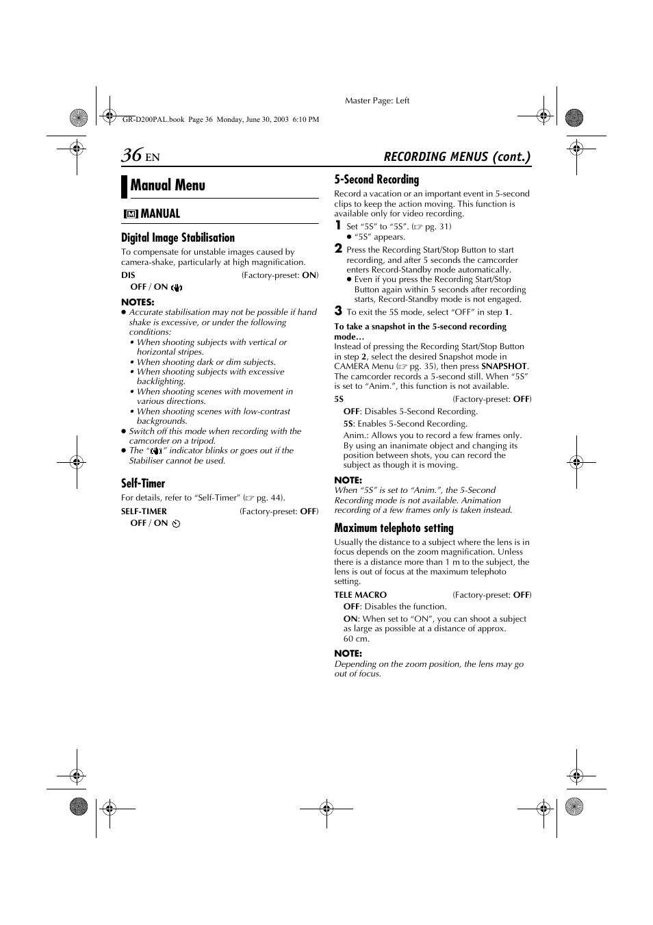 Manual menu, Recording menus (cont.), Manual digital image stabilisation | Self-timer, Second recording, Maximum telephoto setting | JVC GR-D201 User Manual | Page 36 / 88