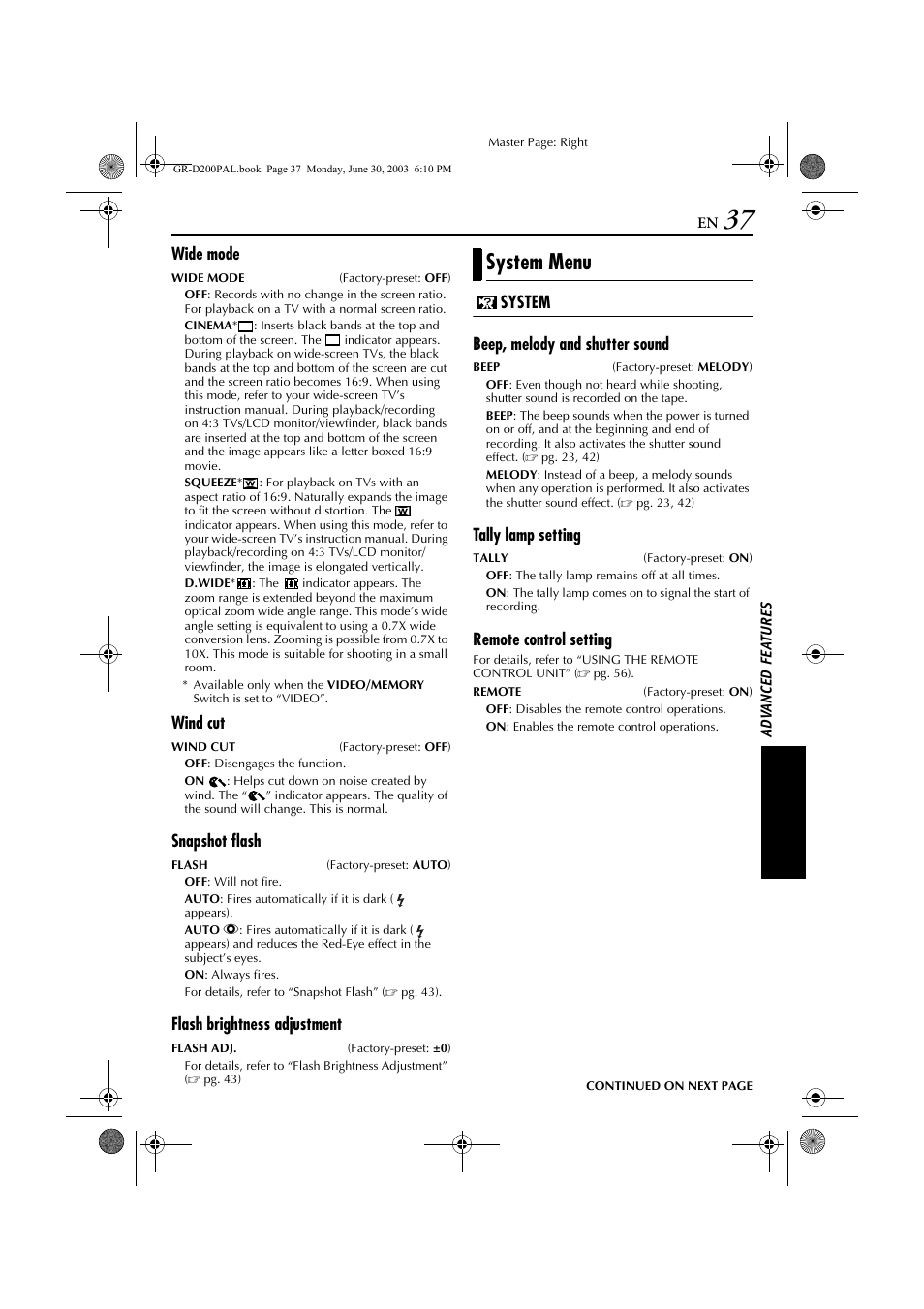 System menu, Wide mode, Wind cut | Snapshot flash, Flash brightness adjustment, System beep, melody and shutter sound, Tally lamp setting, Remote control setting | JVC GR-D201 User Manual | Page 37 / 88