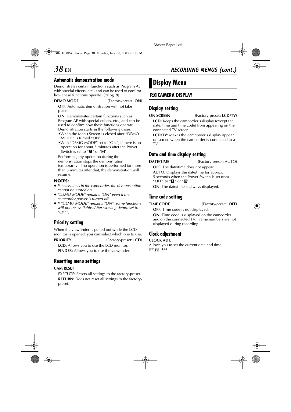 Display menu, Recording menus (cont.) | JVC GR-D201 User Manual | Page 38 / 88