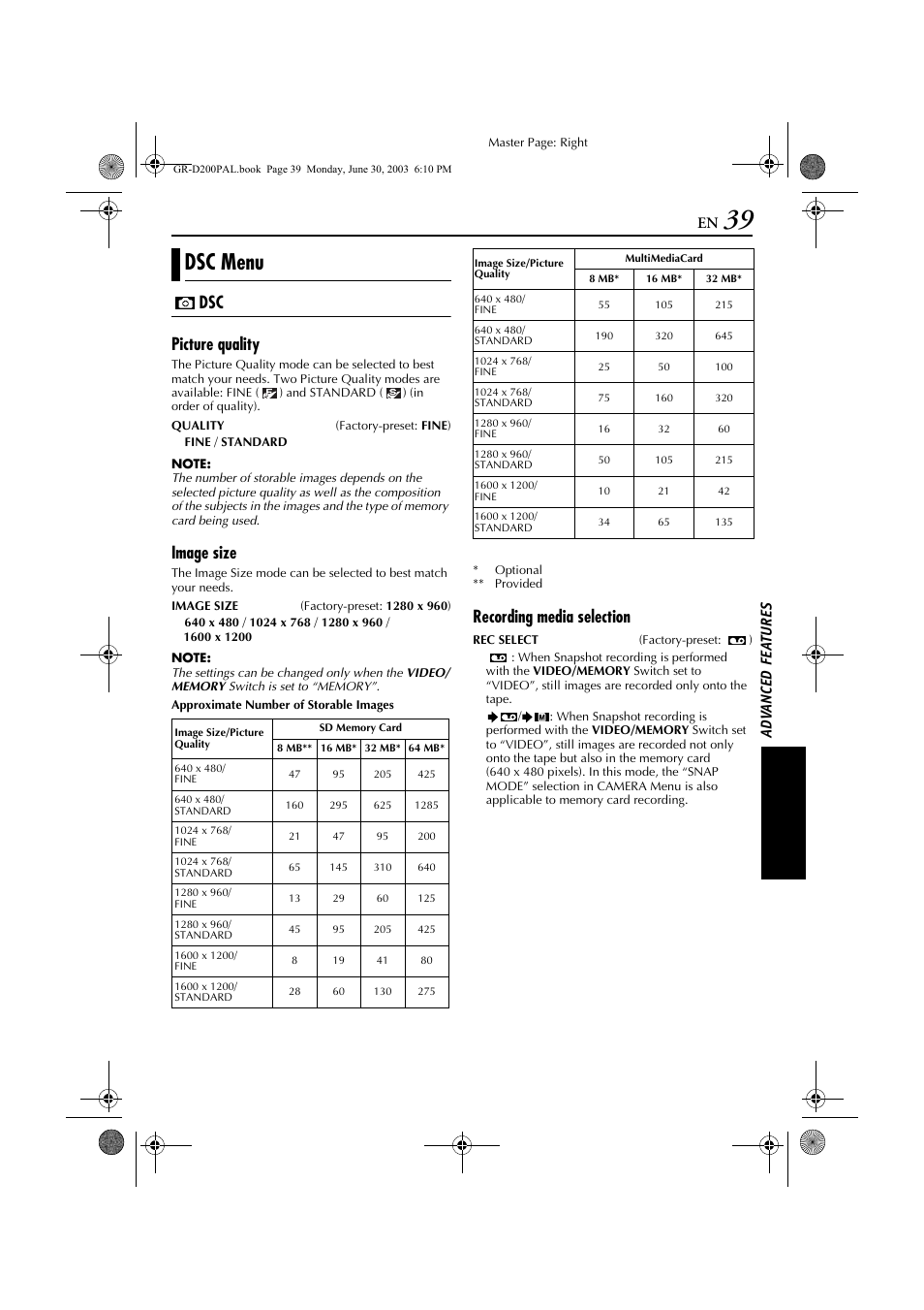 Dsc menu, Dsc picture quality, Image size | Recording media selection | JVC GR-D201 User Manual | Page 39 / 88