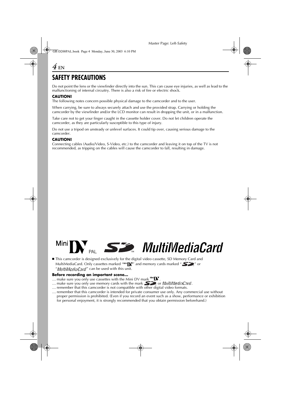 Safety precautions | JVC GR-D201 User Manual | Page 4 / 88