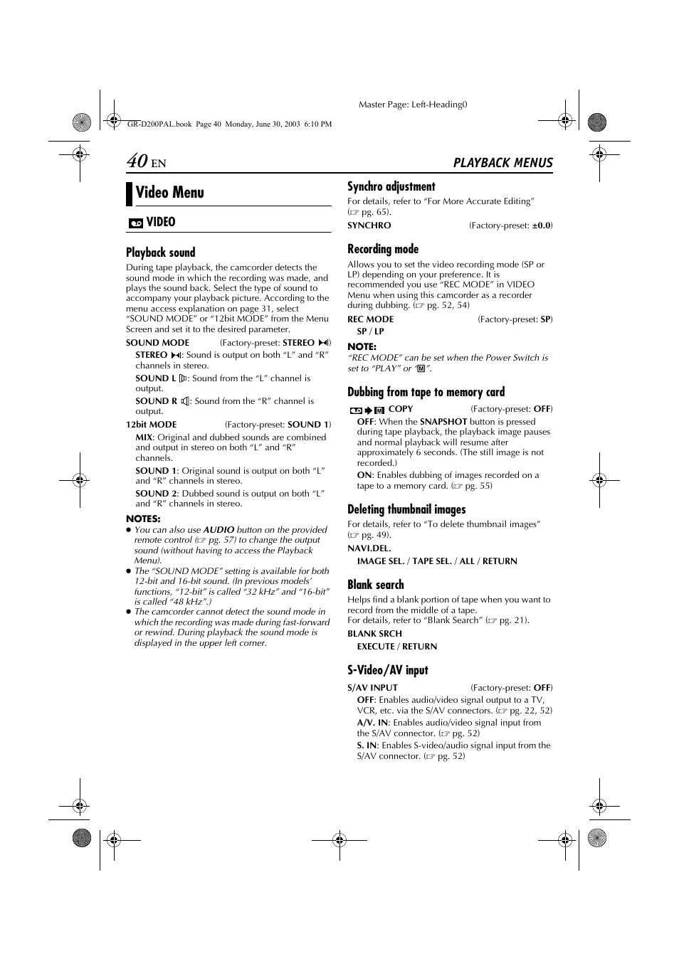 Video menu, Playback menus, Video playback sound | Synchro adjustment, Recording mode, Deleting thumbnail images, Blank search, S-video/av input | JVC GR-D201 User Manual | Page 40 / 88