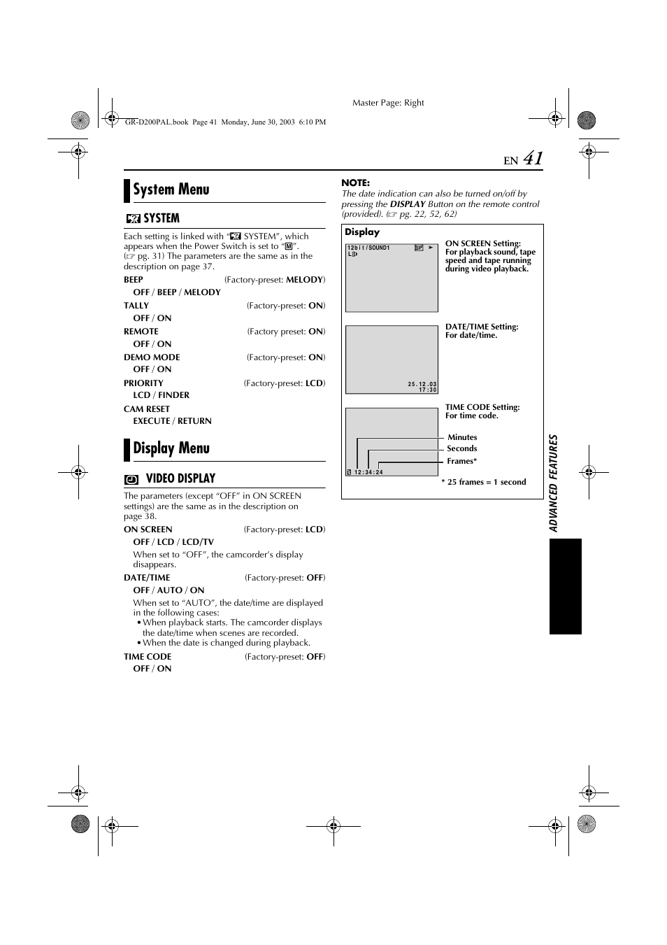 System menu display menu, System, Video display | JVC GR-D201 User Manual | Page 41 / 88