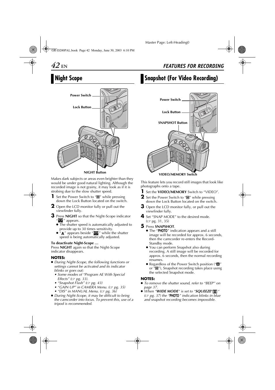 Night scope, Snapshot (for video recording), Features for recording | JVC GR-D201 User Manual | Page 42 / 88