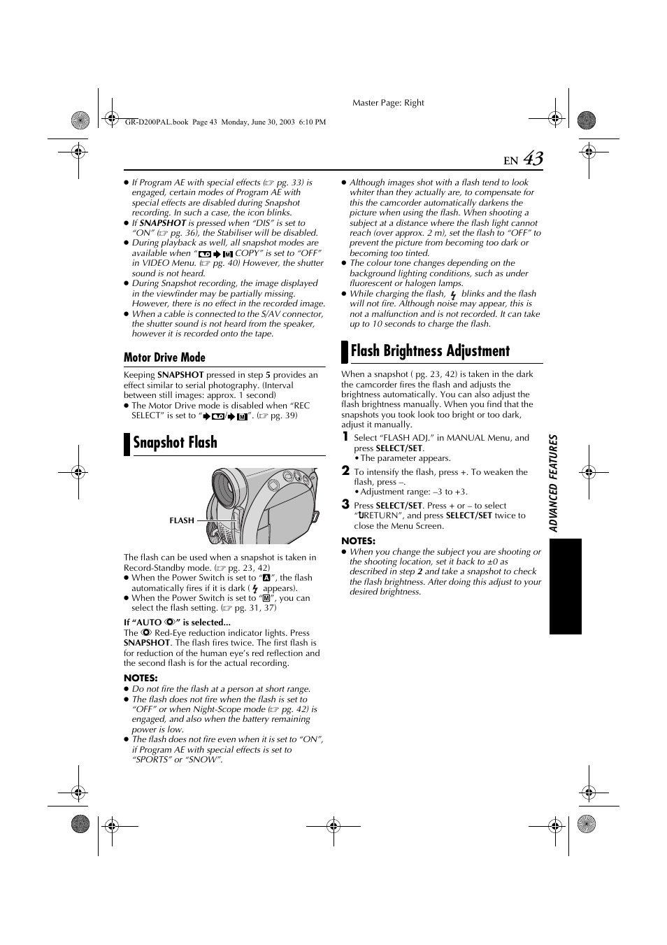 Snapshot flash, Flash brightness adjustment, Motor drive mode | JVC GR-D201 User Manual | Page 43 / 88