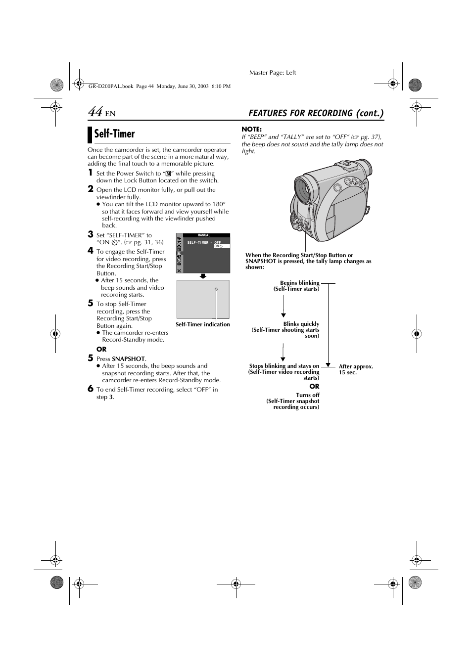 Self-timer, Features for recording (cont.) | JVC GR-D201 User Manual | Page 44 / 88