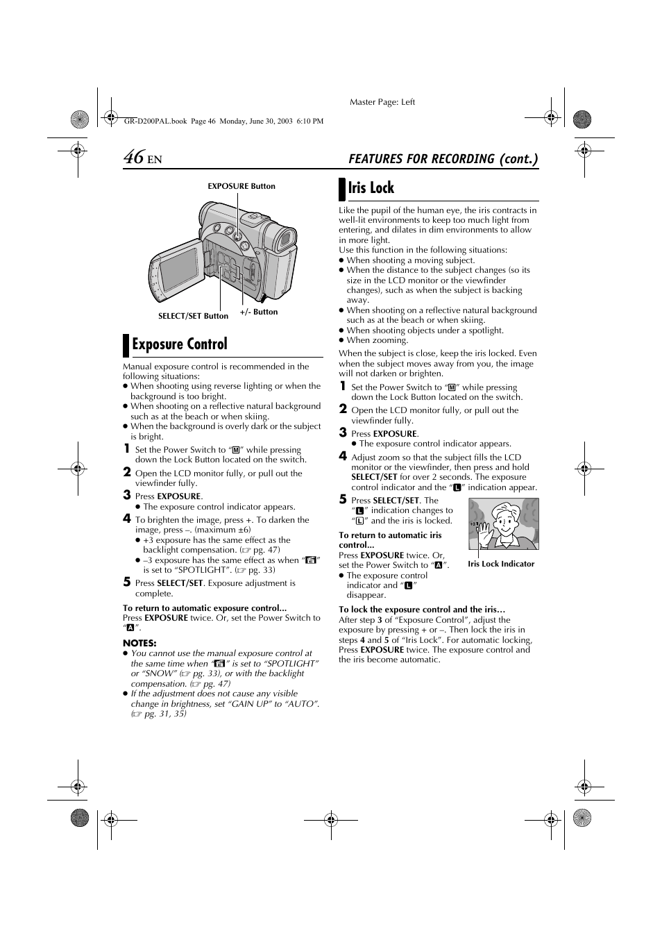 Exposure control, Iris lock, Features for recording (cont.) | JVC GR-D201 User Manual | Page 46 / 88