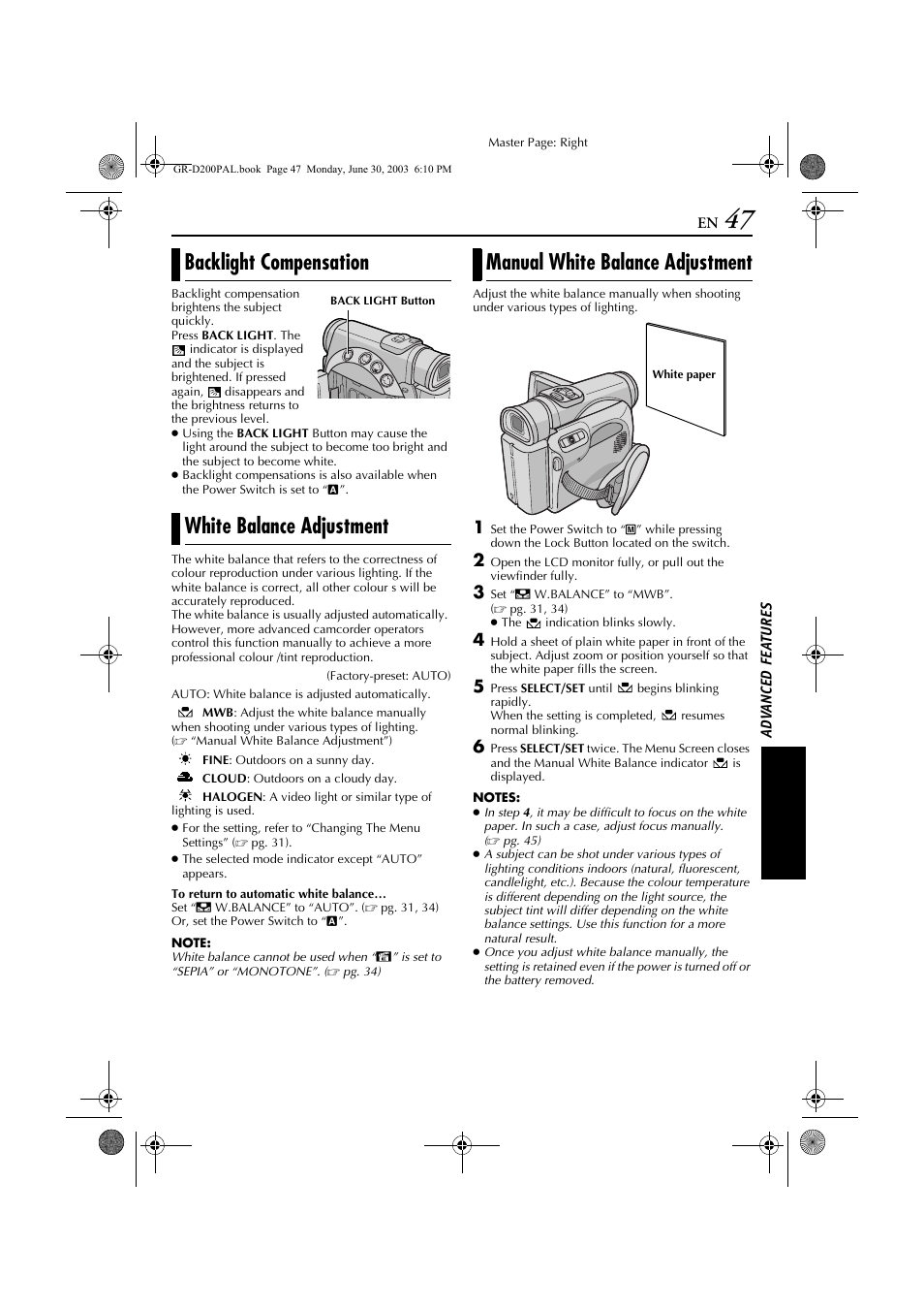 Backlight compensation white balance adjustment, Manual white balance adjustment | JVC GR-D201 User Manual | Page 47 / 88