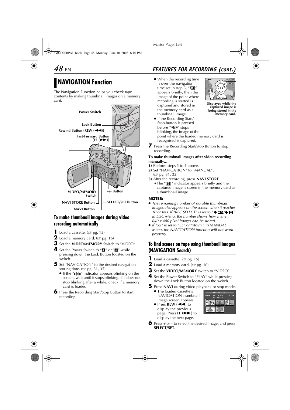 Navigation function, Features for recording (cont.) | JVC GR-D201 User Manual | Page 48 / 88