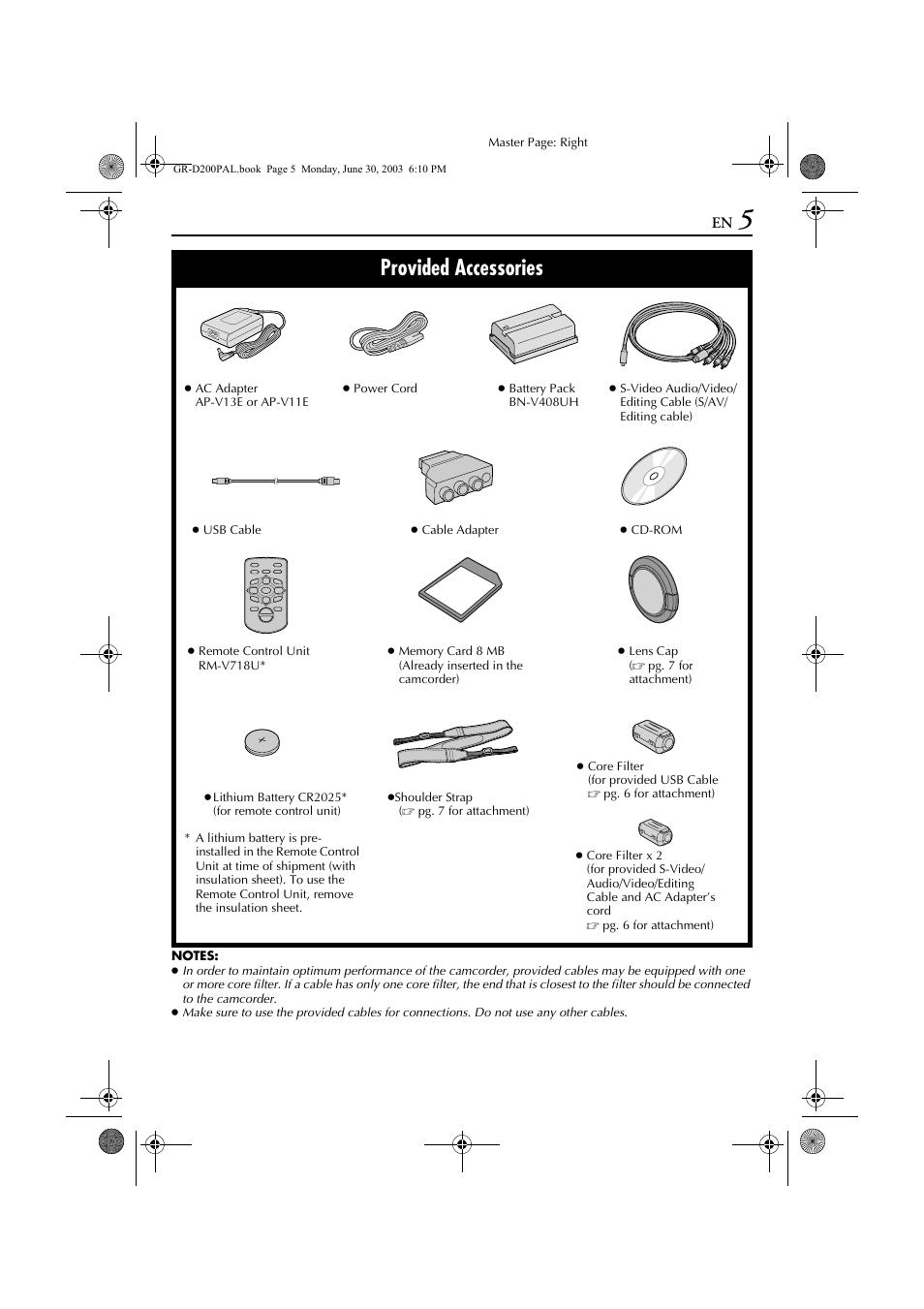 Provided accessories | JVC GR-D201 User Manual | Page 5 / 88