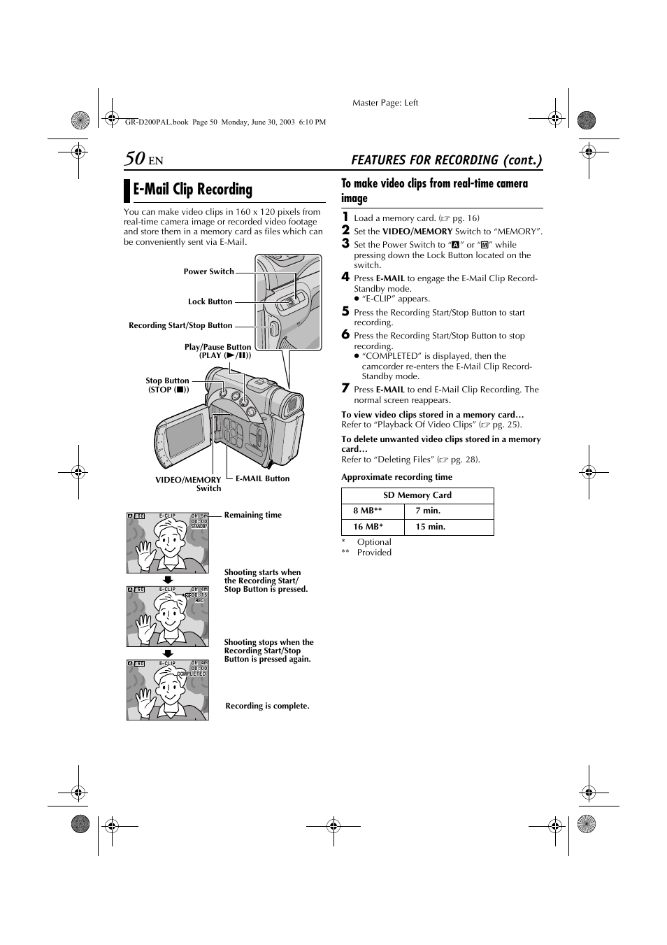 E-mail clip recording, Features for recording (cont.) | JVC GR-D201 User Manual | Page 50 / 88