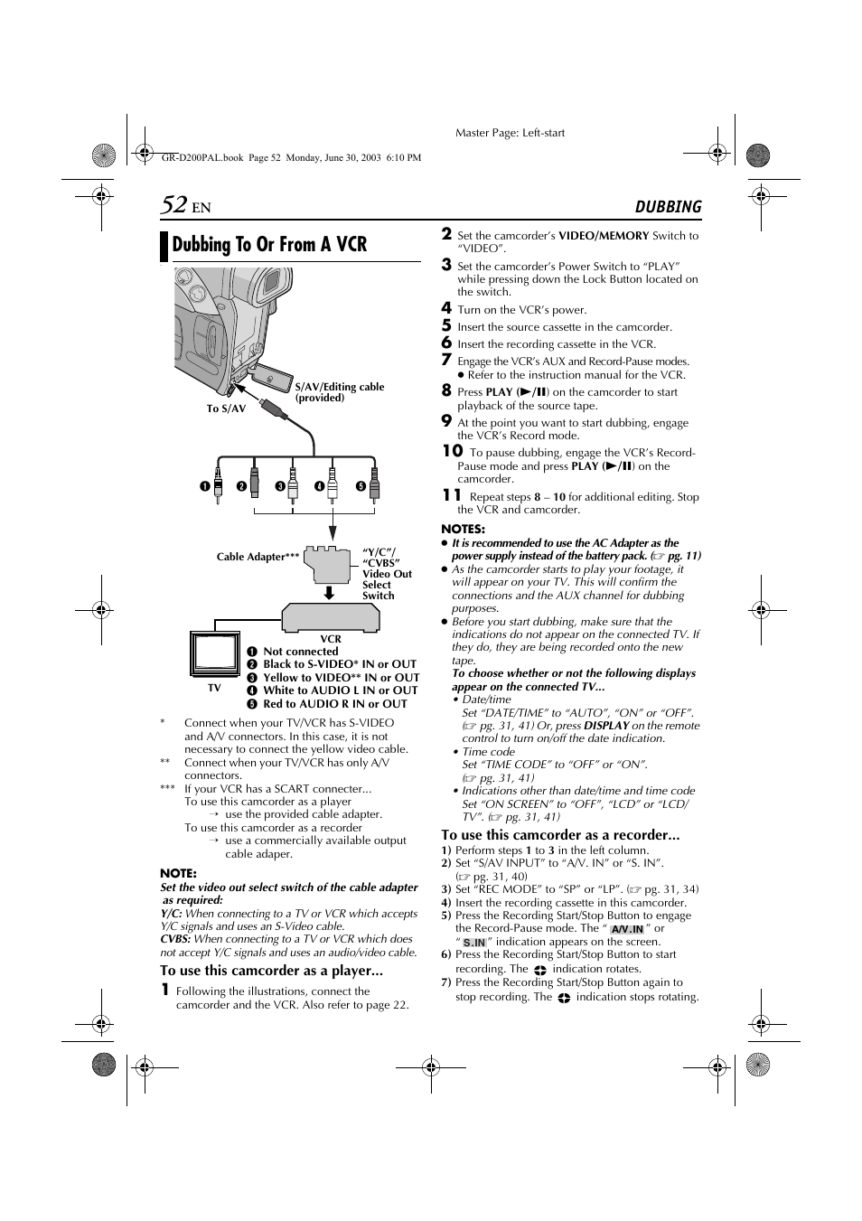 Dubbing to or from a vcr, Dubbing | JVC GR-D201 User Manual | Page 52 / 88