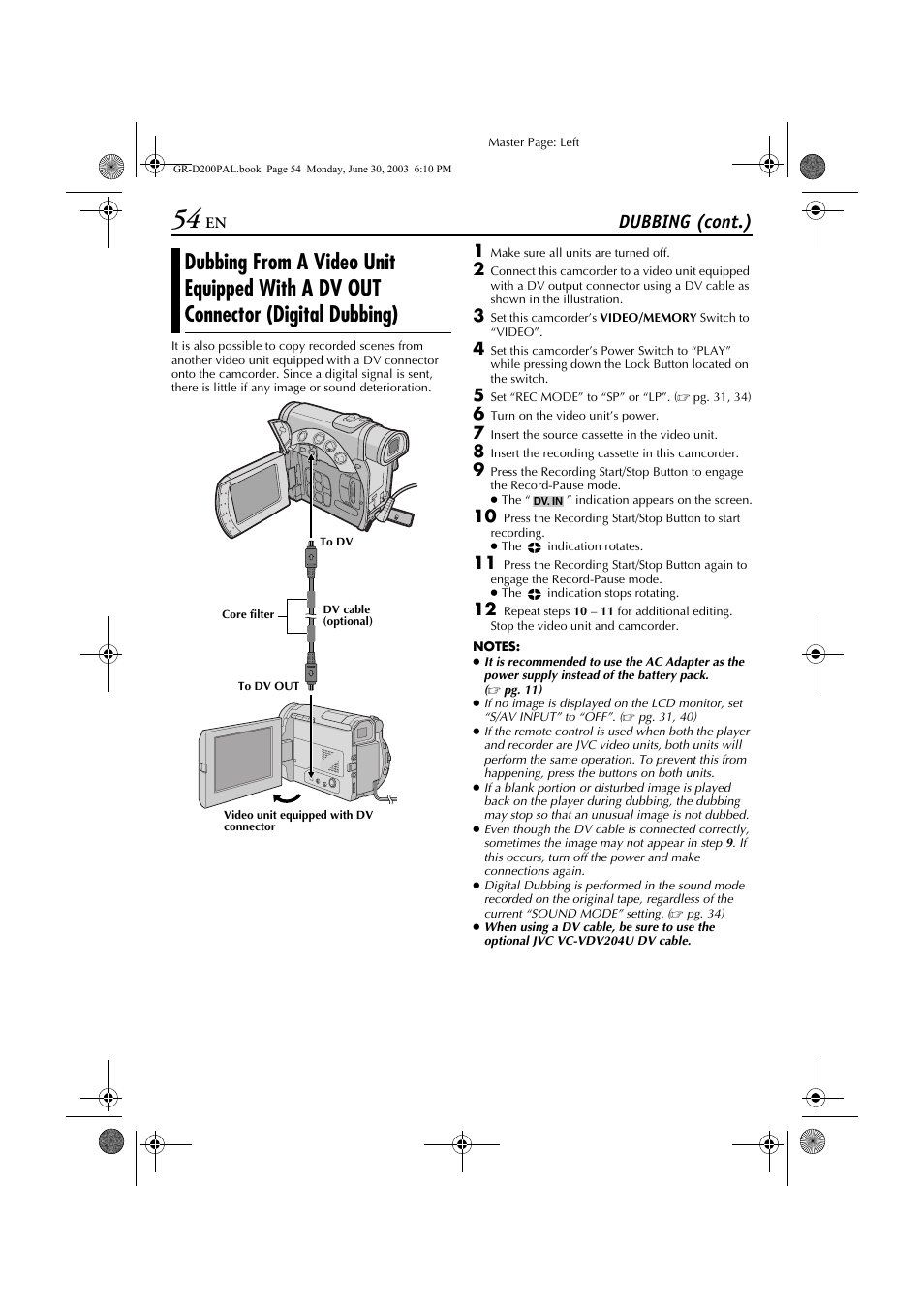 Dubbing (cont.) | JVC GR-D201 User Manual | Page 54 / 88