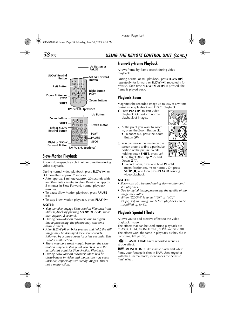 Using the remote control unit (cont.), Slow-motion playback, Frame-by-frame playback | Playback zoom, Playback special effects | JVC GR-D201 User Manual | Page 58 / 88