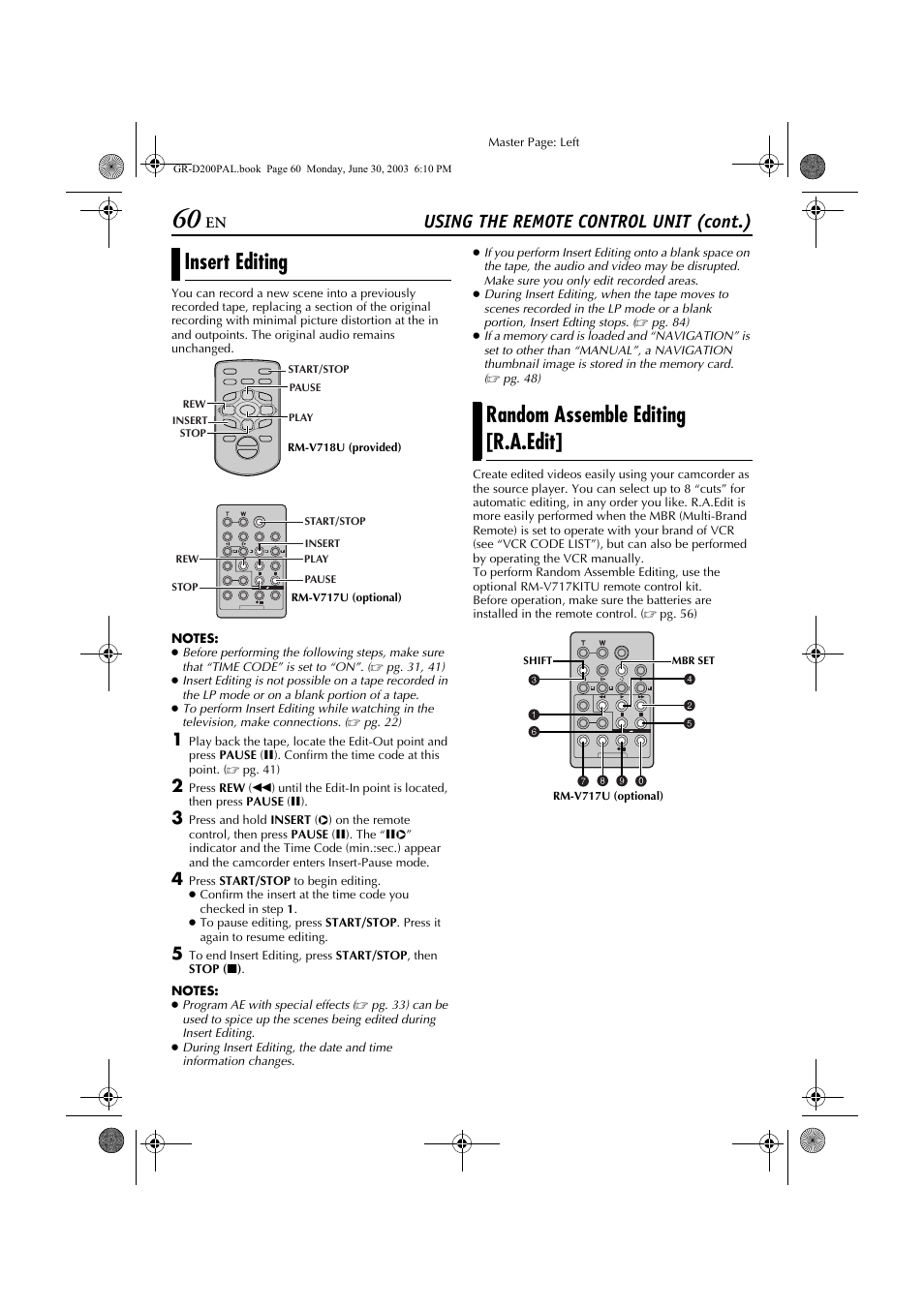 Insert editing, Random assemble editing [r.a.edit, Using the remote control unit (cont.) | JVC GR-D201 User Manual | Page 60 / 88