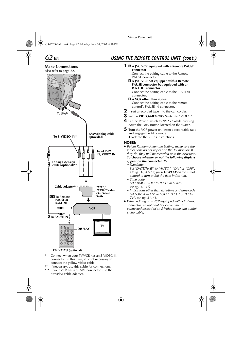 Using the remote control unit (cont.) | JVC GR-D201 User Manual | Page 62 / 88